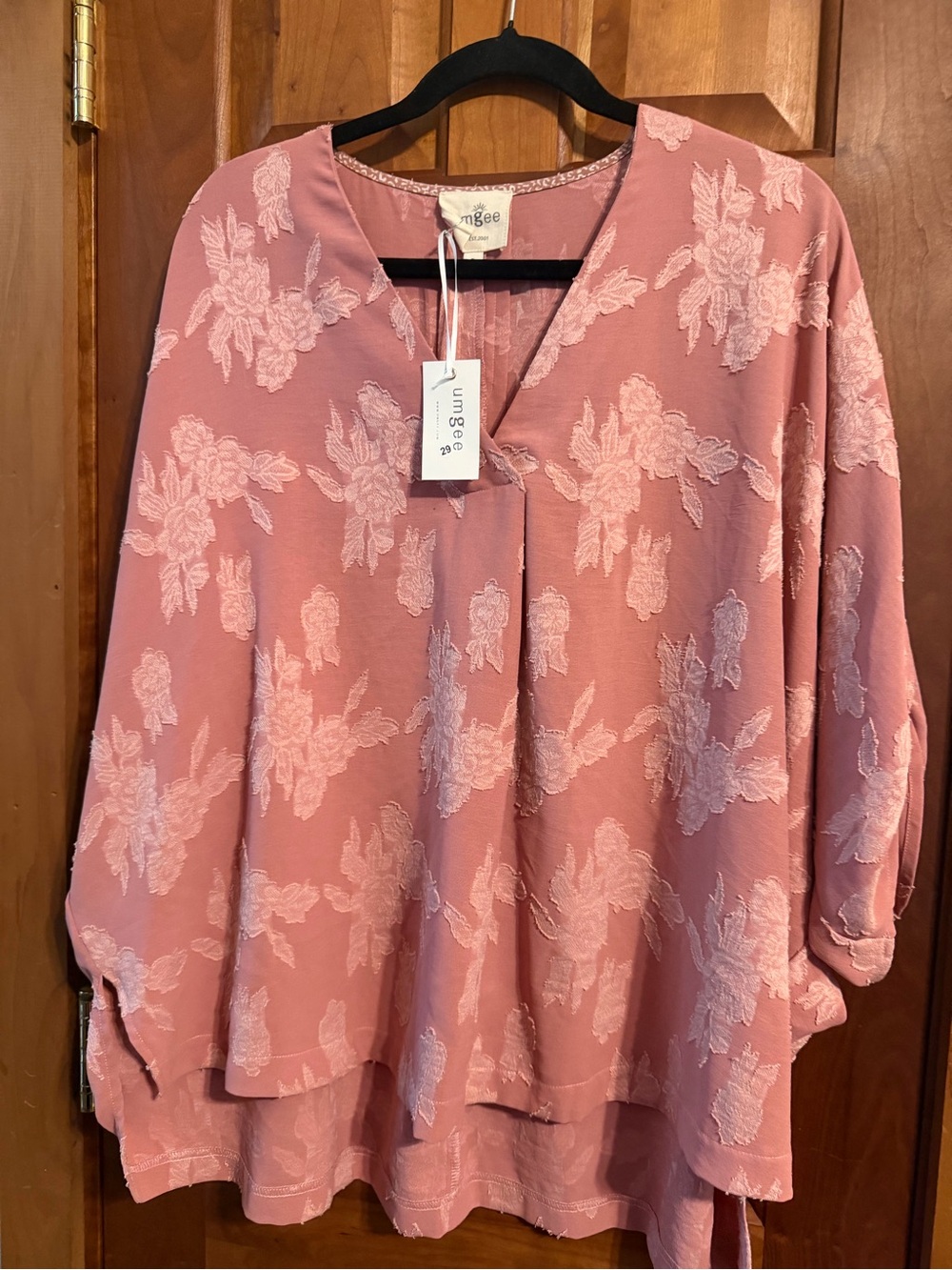 Easel Pink Floral V-Neck Women's Top With Tiny Pin Dot Flaw